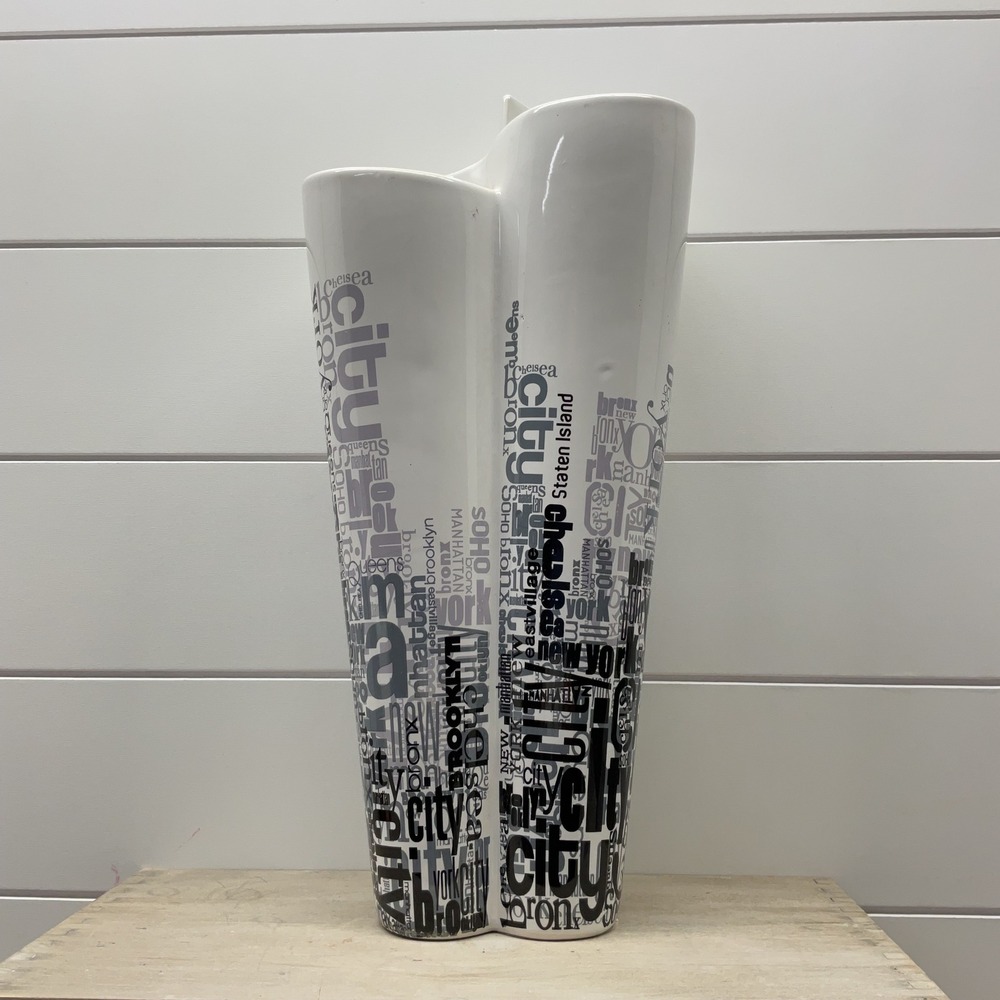 New York City Typography Ceramic Double Cylinder Vase White Black 12.5 Inch